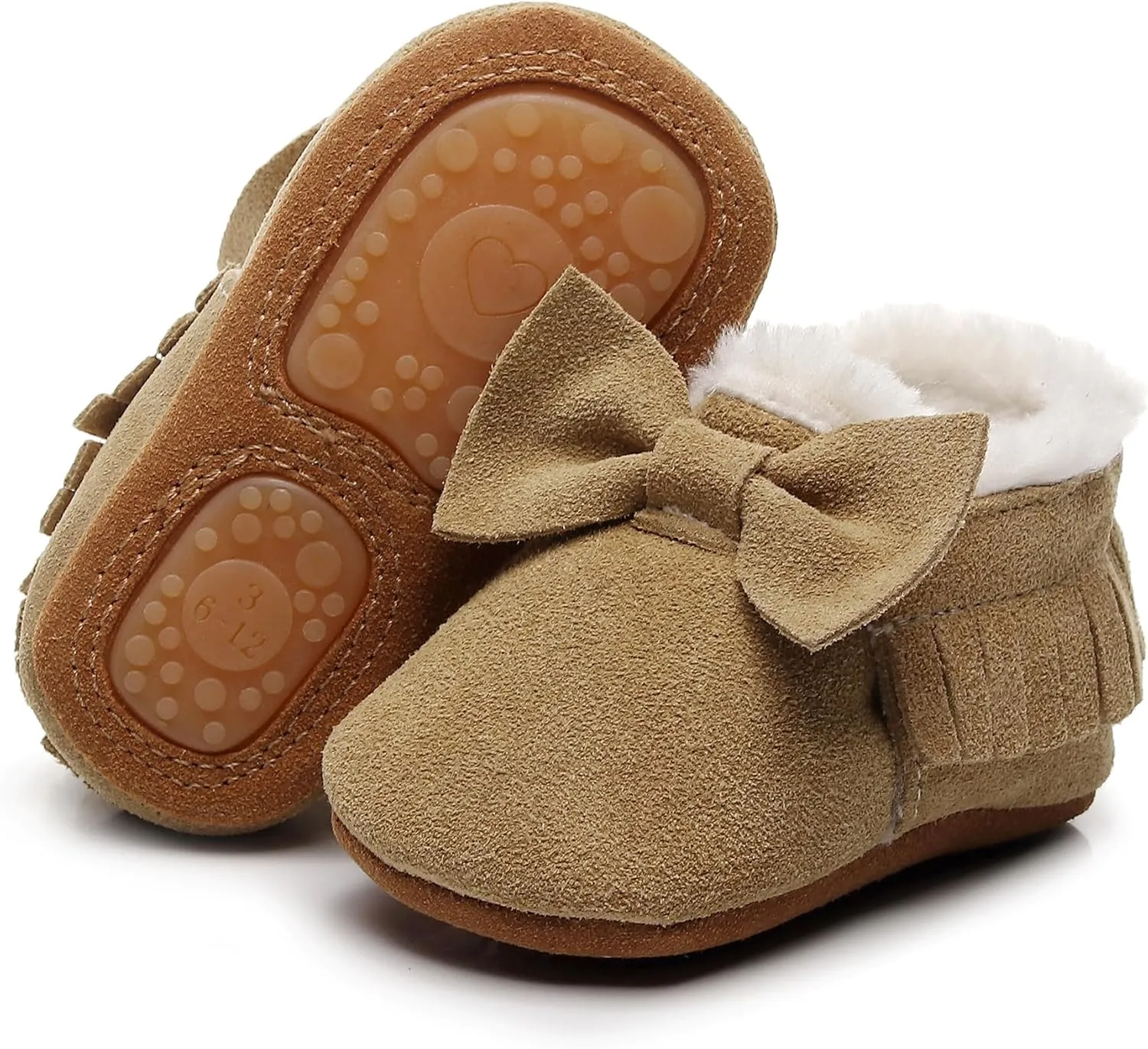 HONGTEYA Baby Moccasins with Fur Fleece Rubber Soles Warm Snow Boots Leather Baby Shoes for Boys Girls??
