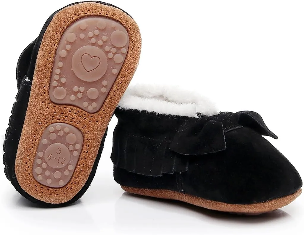 HONGTEYA Baby Moccasins with Fur Fleece Rubber Soles Warm Snow Boots Leather Baby Shoes for Boys Girls??