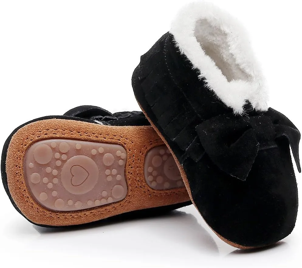 HONGTEYA Baby Moccasins with Fur Fleece Rubber Soles Warm Snow Boots Leather Baby Shoes for Boys Girls??