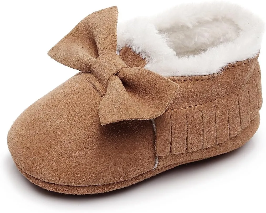 HONGTEYA Baby Moccasins with Fur Fleece Rubber Soles Warm Snow Boots Leather Baby Shoes for Boys Girls??