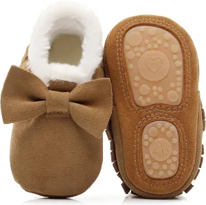 HONGTEYA Baby Moccasins with Fur Fleece Rubber Soles Warm Snow Boots Leather Baby Shoes for Boys Girls??