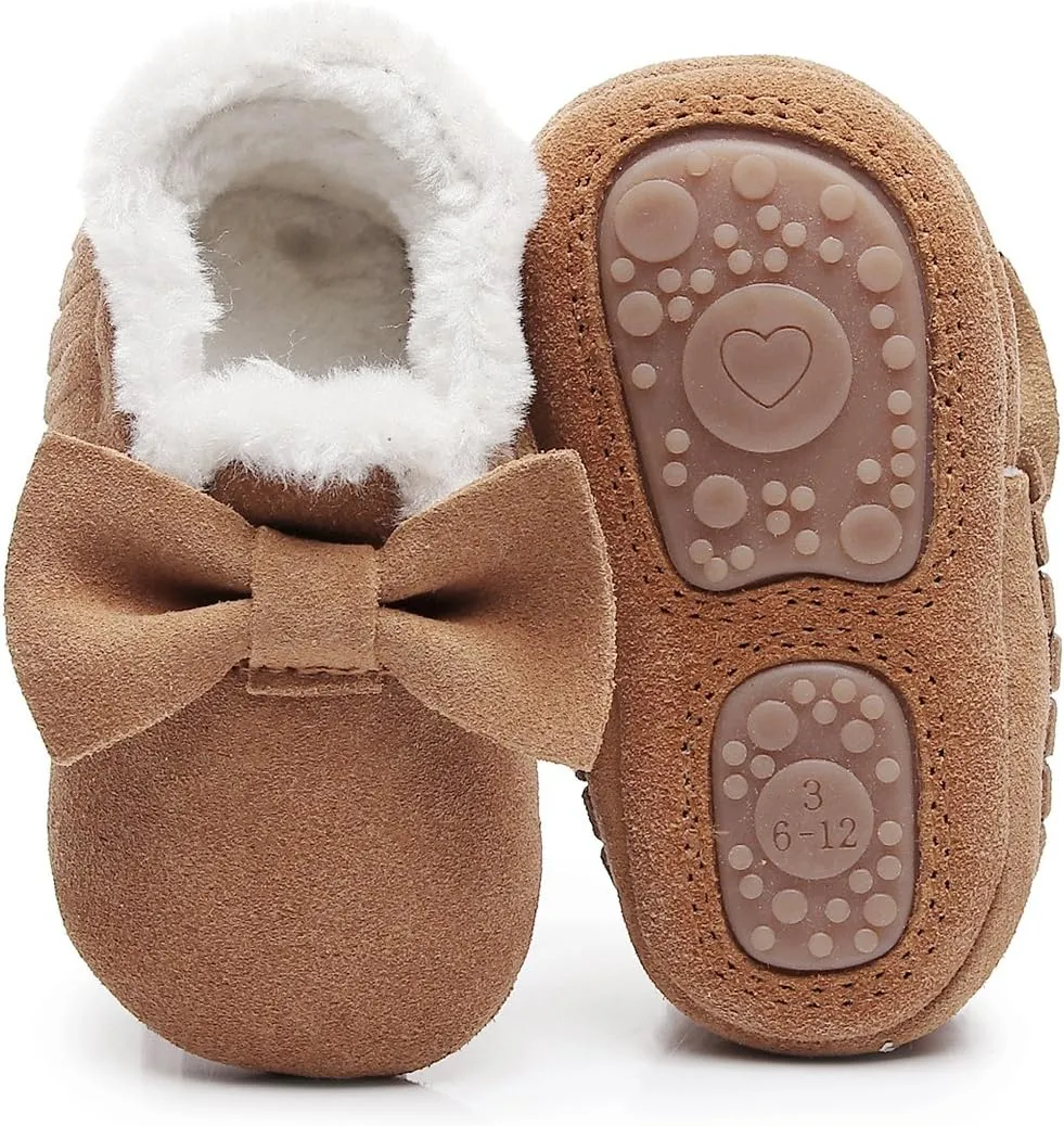 HONGTEYA Baby Moccasins with Fur Fleece Rubber Soles Warm Snow Boots Leather Baby Shoes for Boys Girls??