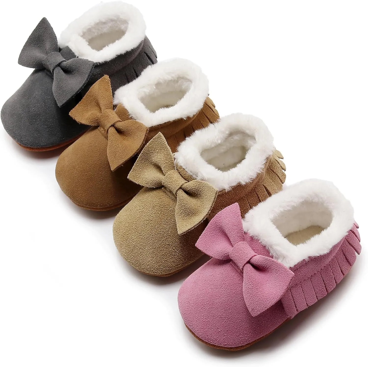HONGTEYA Baby Moccasins with Fur Fleece Rubber Soles Warm Snow Boots Leather Baby Shoes for Boys Girls??