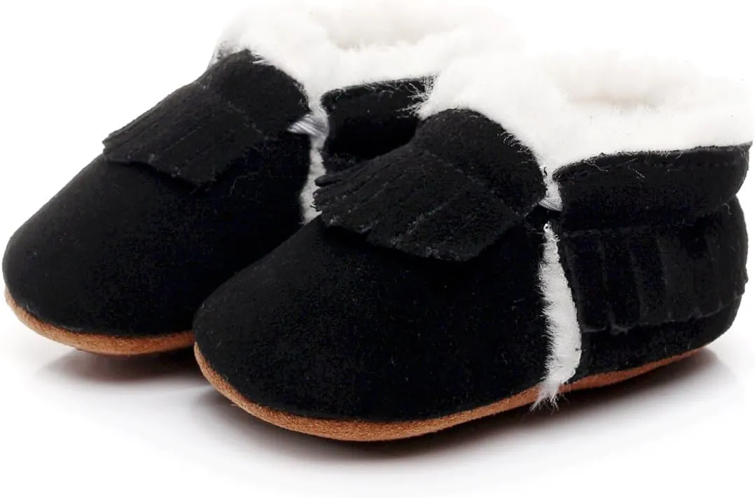 HONGTEYA Baby Moccasins with Fur Fleece Rubber Soles Warm Snow Boots Leather Baby Shoes for Boys Girls??