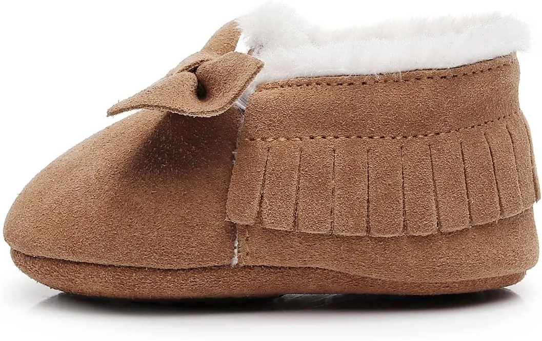 HONGTEYA Baby Moccasins with Fur Fleece Rubber Soles Warm Snow Boots Leather Baby Shoes for Boys Girls??