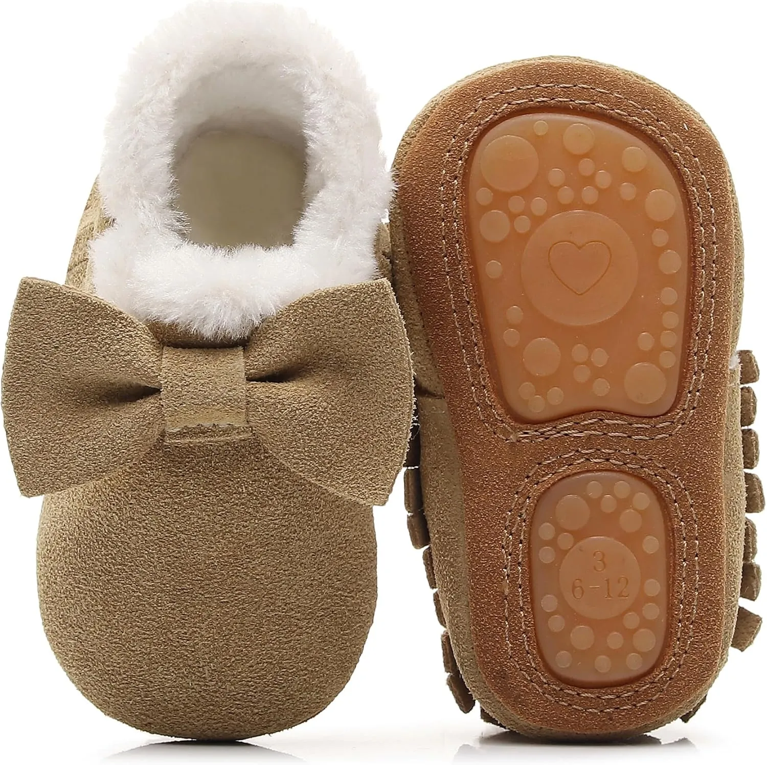 HONGTEYA Baby Moccasins with Fur Fleece Rubber Soles Warm Snow Boots Leather Baby Shoes for Boys Girls??