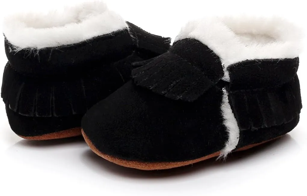 HONGTEYA Baby Moccasins with Fur Fleece Rubber Soles Warm Snow Boots Leather Baby Shoes for Boys Girls??