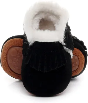 HONGTEYA Baby Moccasins with Fur Fleece Rubber Soles Warm Snow Boots Leather Baby Shoes for Boys Girls??