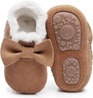 HONGTEYA Baby Moccasins with Fur Fleece Rubber Soles Warm Snow Boots Leather Baby Shoes for Boys Girls??