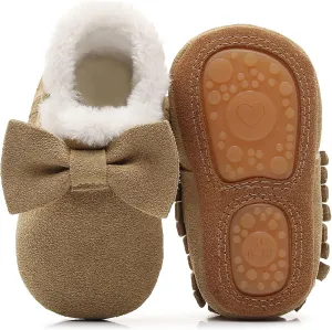 HONGTEYA Baby Moccasins with Fur Fleece Rubber Soles Warm Snow Boots Leather Baby Shoes for Boys Girls??