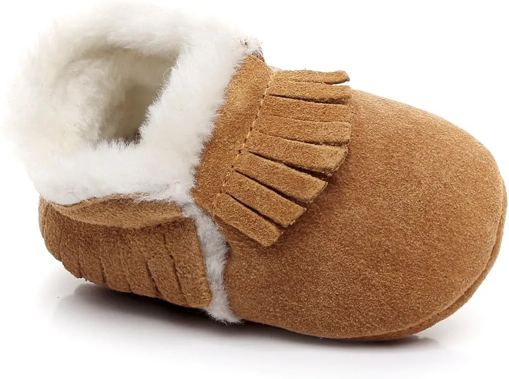 HONGTEYA Baby Moccasins with Fur Fleece Rubber Soles Warm Snow Boots Leather Baby Shoes for Boys Girls??