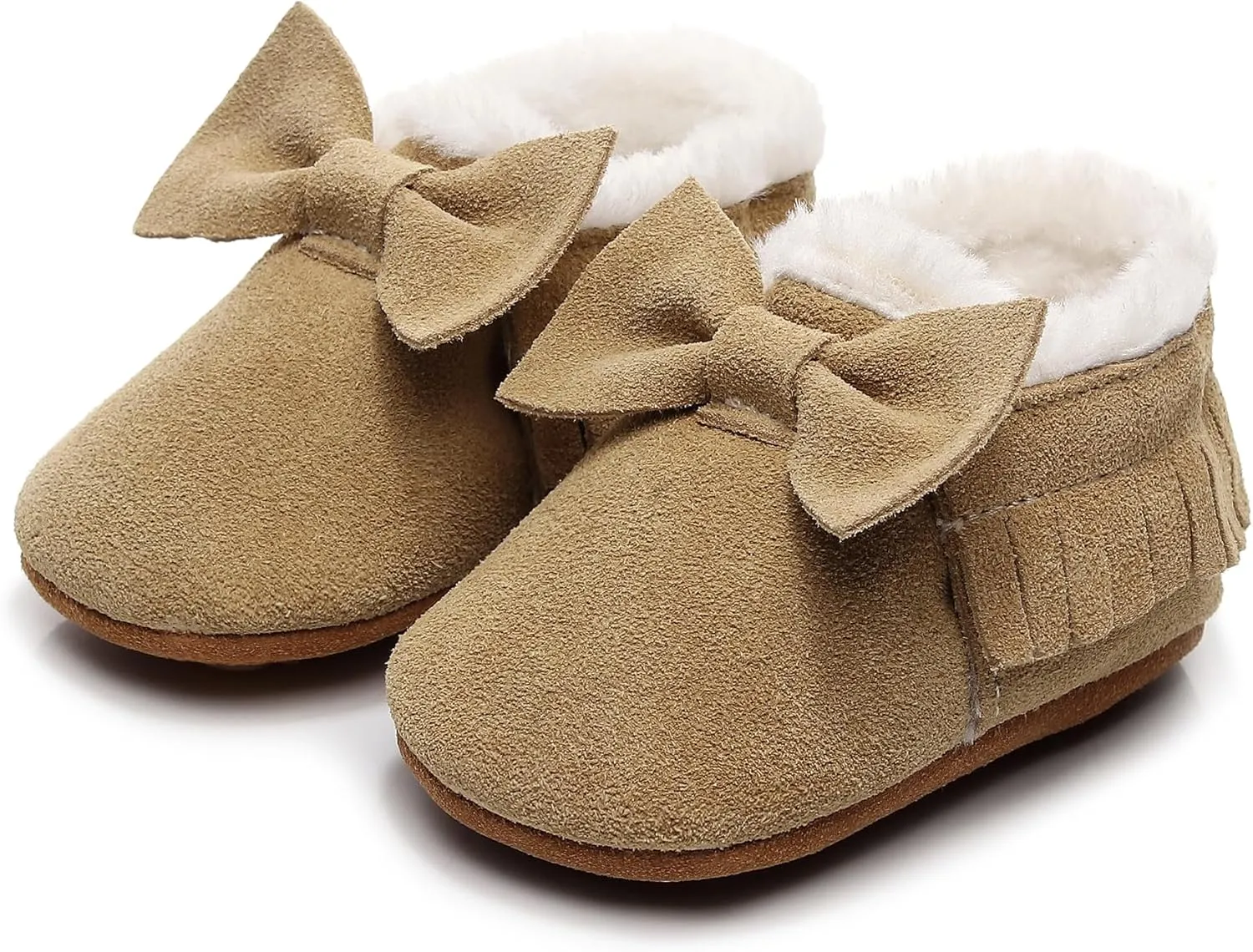 HONGTEYA Baby Moccasins with Fur Fleece Rubber Soles Warm Snow Boots Leather Baby Shoes for Boys Girls??