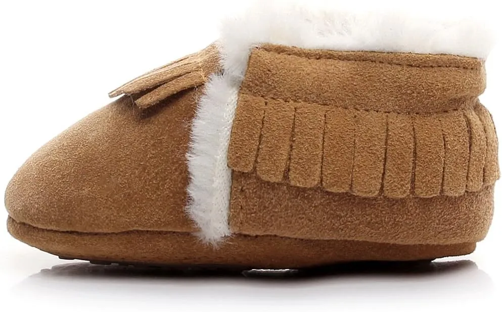 HONGTEYA Baby Moccasins with Fur Fleece Rubber Soles Warm Snow Boots Leather Baby Shoes for Boys Girls??