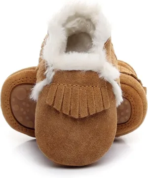 HONGTEYA Baby Moccasins with Fur Fleece Rubber Soles Warm Snow Boots Leather Baby Shoes for Boys Girls??