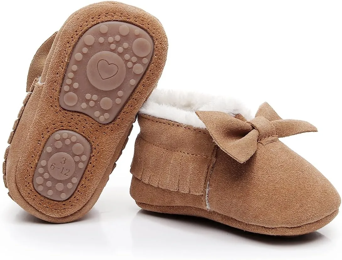 HONGTEYA Baby Moccasins with Fur Fleece Rubber Soles Warm Snow Boots Leather Baby Shoes for Boys Girls??