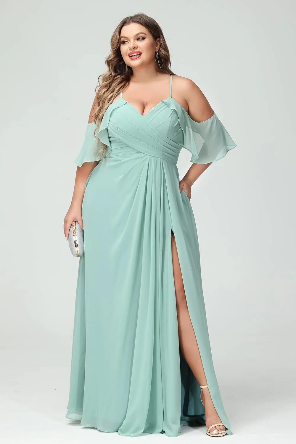 HUUTOE Women's Cold Shoulder Bridesmaids Dresses Long with Slit Chiffon Pleated Formal Dress for Wedding Party