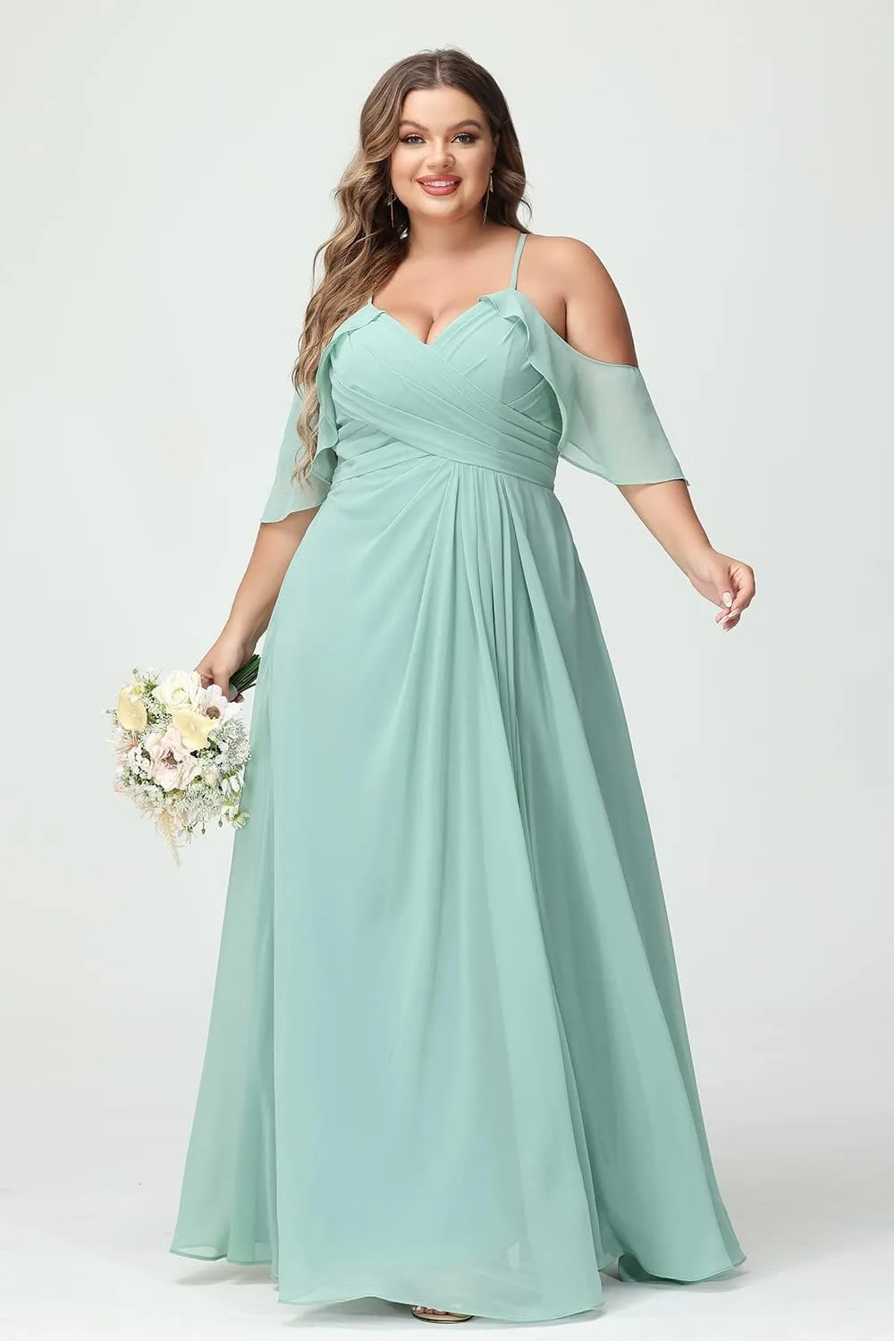 HUUTOE Women's Cold Shoulder Bridesmaids Dresses Long with Slit Chiffon Pleated Formal Dress for Wedding Party