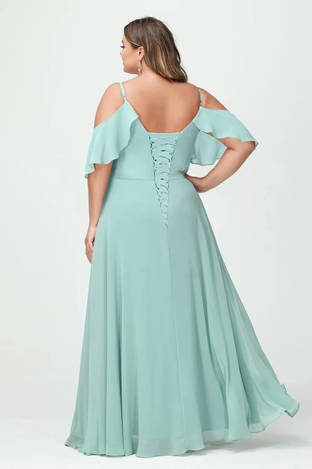 HUUTOE Women's Cold Shoulder Bridesmaids Dresses Long with Slit Chiffon Pleated Formal Dress for Wedding Party