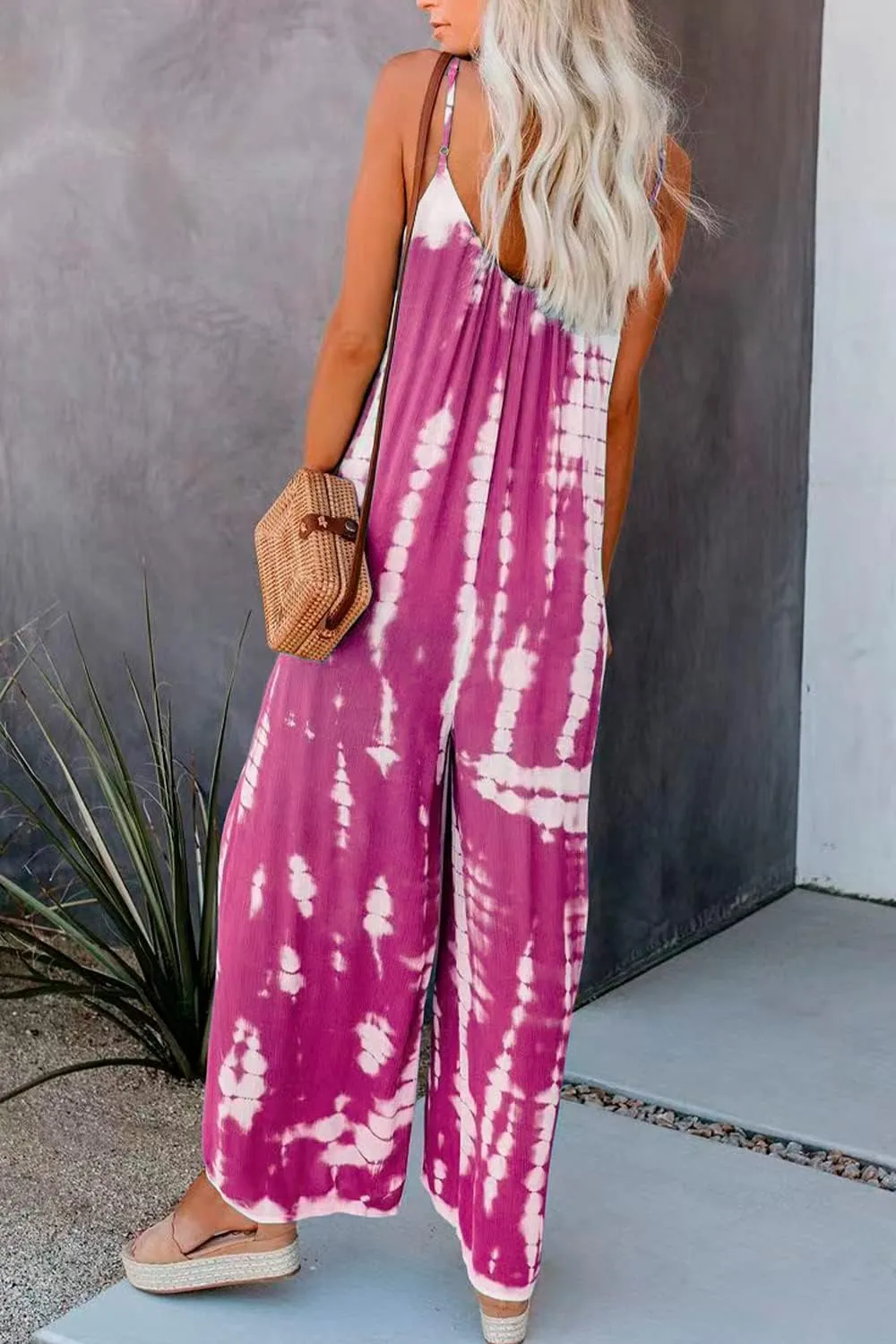 HVEPUO Spaghetti Strap Bohemian Summer Jumpsuits for Women Tie Dye Pant Rompers Casual Loose Plus Size Jumpers with Pockets