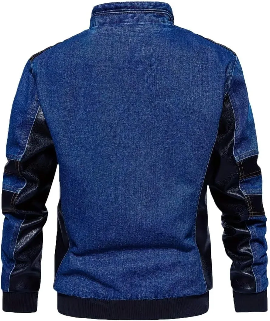 INVACHI Men's Denim Jacket Patchwork Faux Leather Motorcycle Jacket Slim Fit Biker Coat With Stand Collar