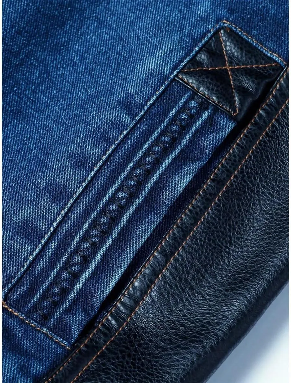 INVACHI Men's Denim Jacket Patchwork Faux Leather Motorcycle Jacket Slim Fit Biker Coat With Stand Collar