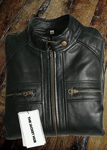 Jacket Hub Men's Genuine Lambskin Leather Biker Jacket | Premium Vintage Caf Racer Motorcycle Jacket | Motorcycle Jacket