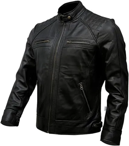 Jacket Hub Men's Genuine Lambskin Leather Biker Jacket | Premium Vintage Caf Racer Motorcycle Jacket | Motorcycle Jacket