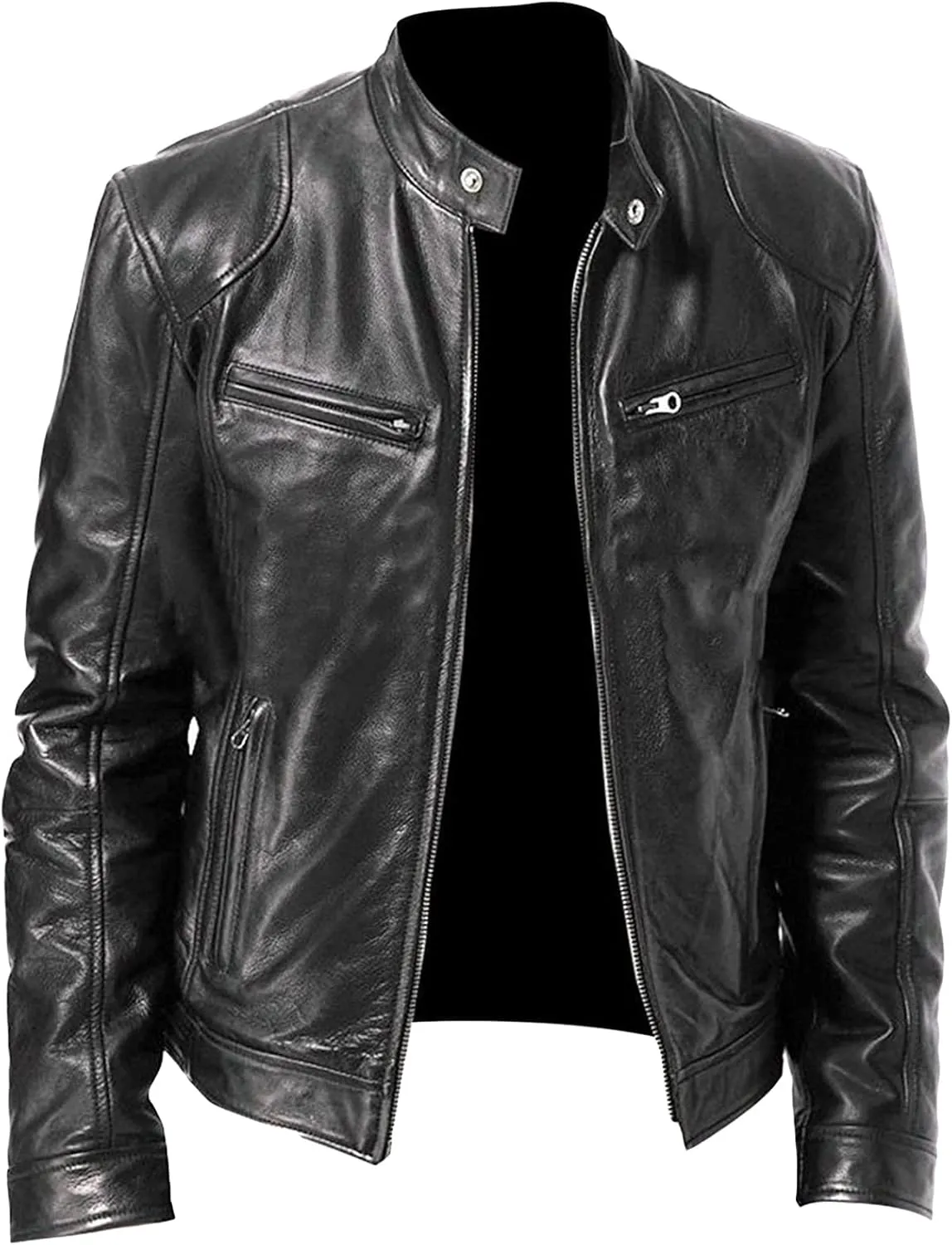 JEsilunmaMY Men's Fall Winter Leather Jacket Full Zip Stand Collar Motorcycle Bomber Jacket Plus Size Slim Business Bike Coat