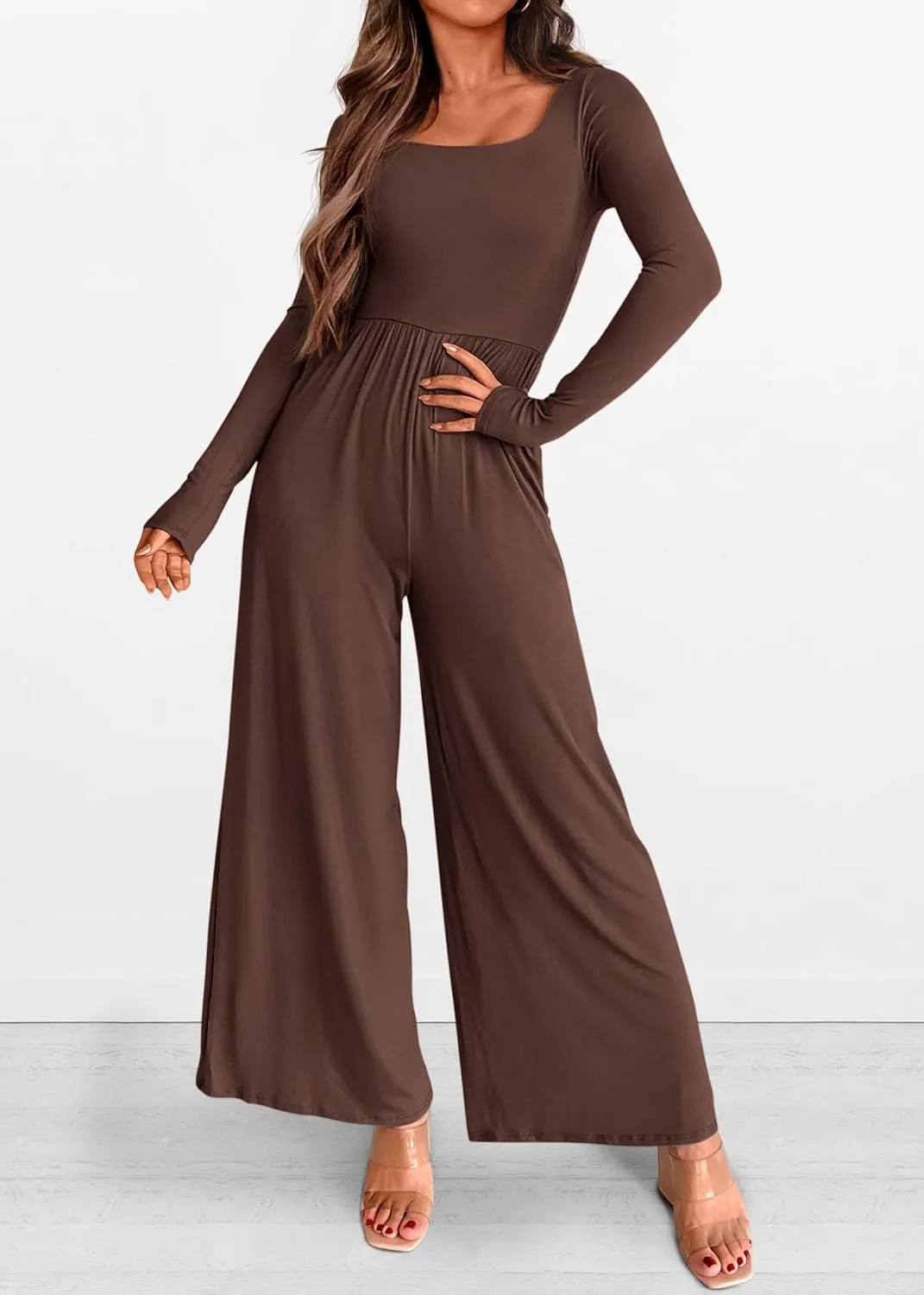 KIRUNDO Women's 2025 Spring Fashion Long Sleeve Wide Leg Jumpsuits Casual Dressy One Piece Square Neck Long Romper Pockets