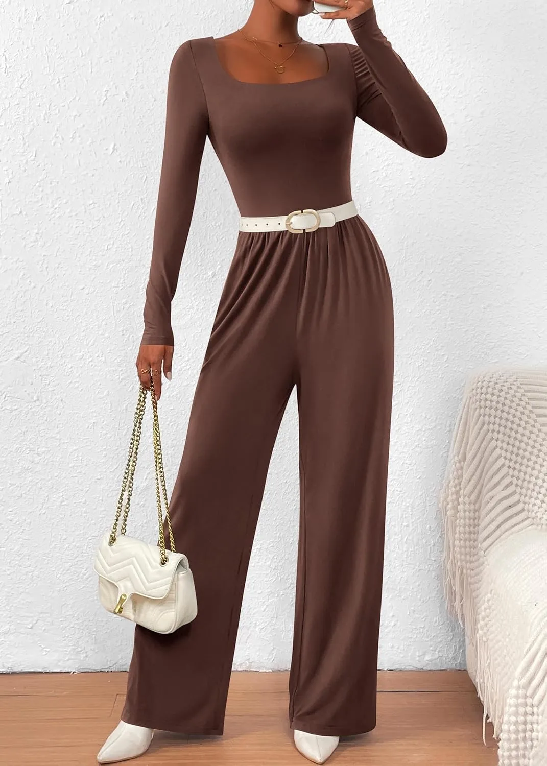KIRUNDO Women's 2025 Spring Fashion Long Sleeve Wide Leg Jumpsuits Casual Dressy One Piece Square Neck Long Romper Pockets