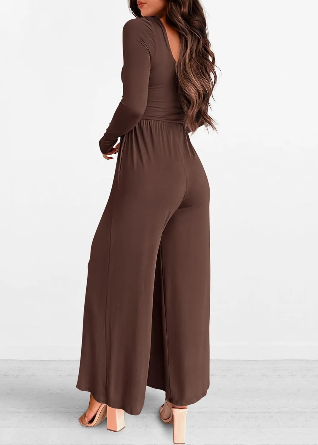 KIRUNDO Women's 2025 Spring Fashion Long Sleeve Wide Leg Jumpsuits Casual Dressy One Piece Square Neck Long Romper Pockets