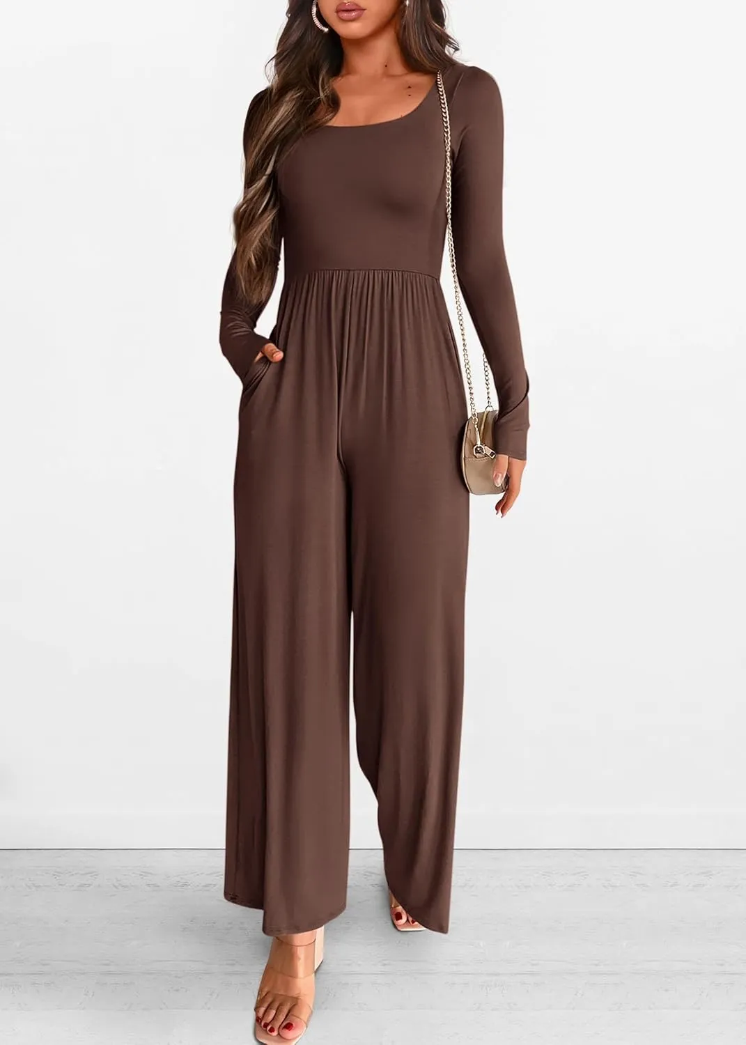 KIRUNDO Women's 2025 Spring Fashion Long Sleeve Wide Leg Jumpsuits Casual Dressy One Piece Square Neck Long Romper Pockets