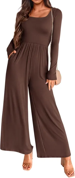 KIRUNDO Women's 2025 Spring Fashion Long Sleeve Wide Leg Jumpsuits Casual Dressy One Piece Square Neck Long Romper Pockets