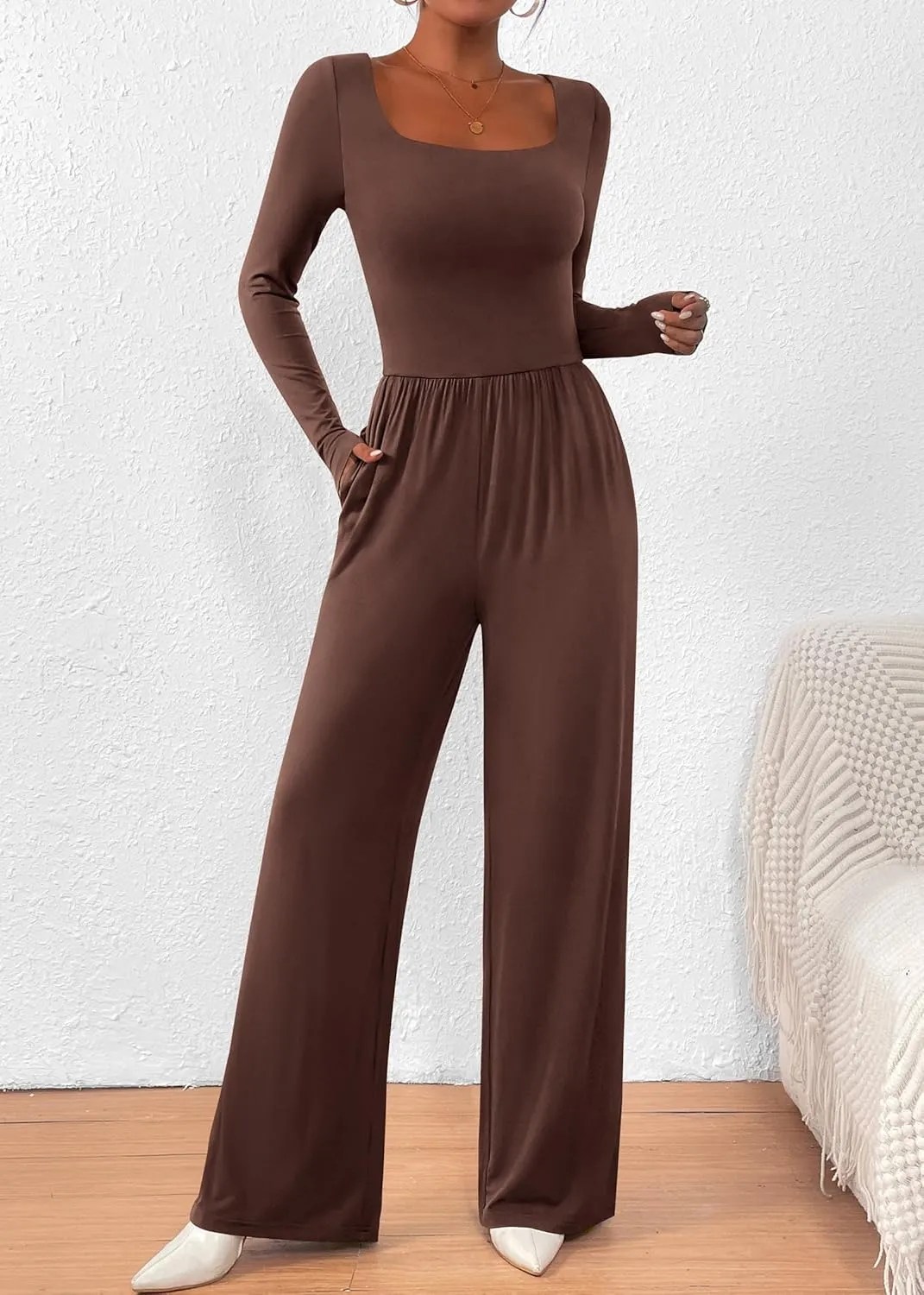 KIRUNDO Women's 2025 Spring Fashion Long Sleeve Wide Leg Jumpsuits Casual Dressy One Piece Square Neck Long Romper Pockets