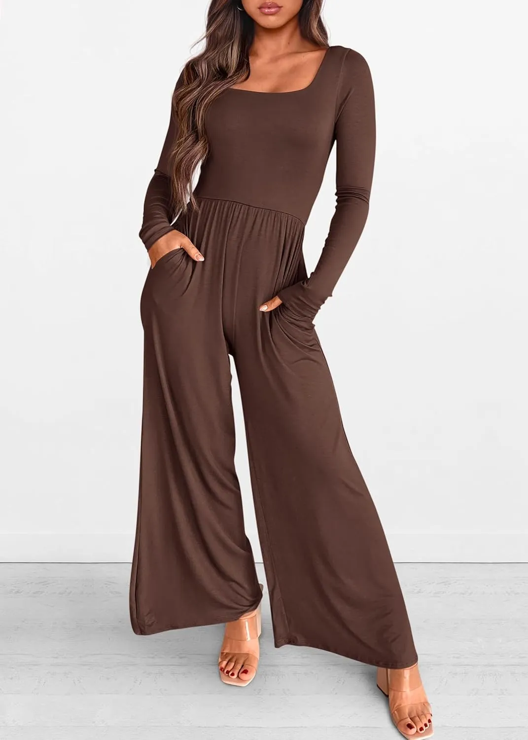 KIRUNDO Women's 2025 Spring Fashion Long Sleeve Wide Leg Jumpsuits Casual Dressy One Piece Square Neck Long Romper Pockets