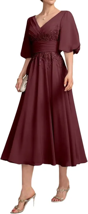 Lace Appliques Mother of The Bride Dresses for Wedding 1/2 Sleeve Tea Length Formal Evening Gown
