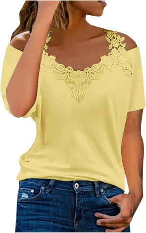 Lace Crochet v Neck Tops for Women Trendy 2024 Summer Short Sleeve Cold Shoulder Tunic Shirt Dressy Plus Size Blouses