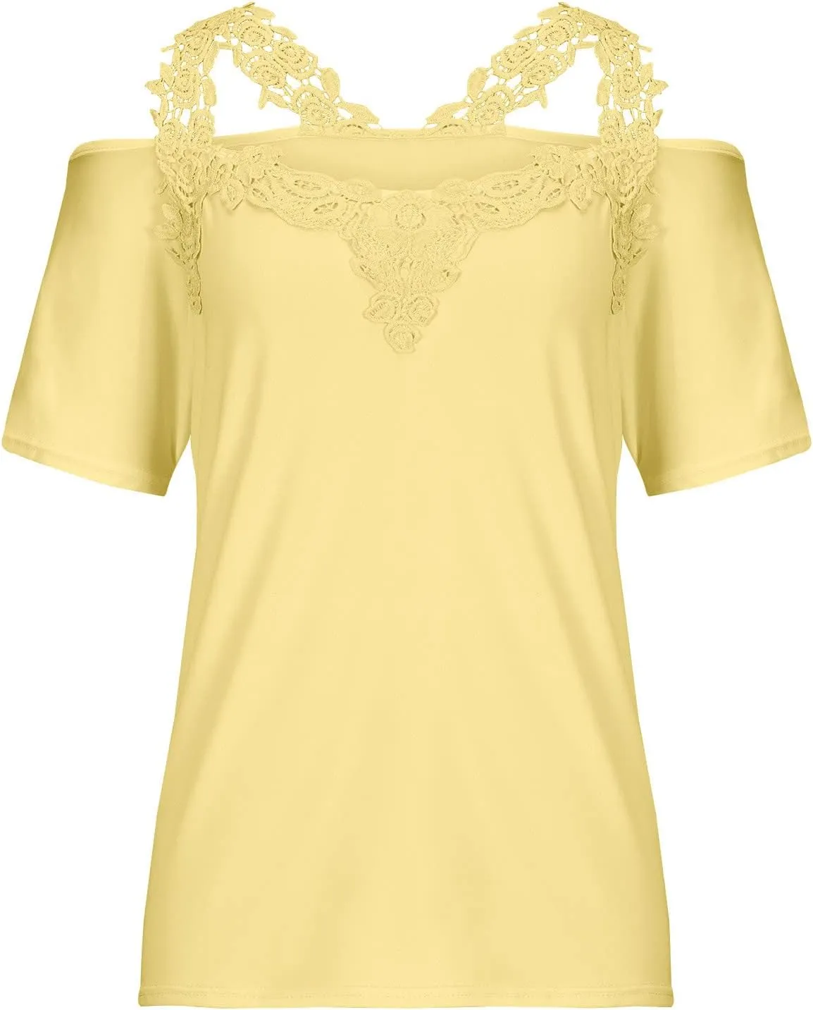 Lace Crochet v Neck Tops for Women Trendy 2024 Summer Short Sleeve Cold Shoulder Tunic Shirt Dressy Plus Size Blouses