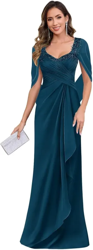 Lace Mother of The Bride Dresses with Cape Sleeves Chiffon Pleated Long Formal Evening Gown