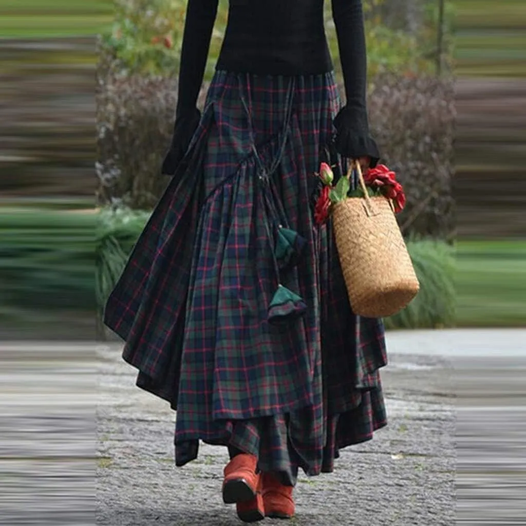 Ladies Retro A-Line Maxi Long Skirt Full Ankle Length Plaid Pleated Skirt Elastic Waist Irregular Steampunk Skirt