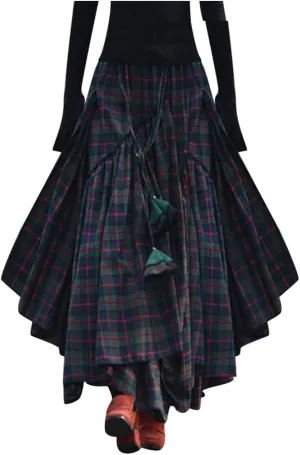 Ladies Retro A-Line Maxi Long Skirt Full Ankle Length Plaid Pleated Skirt Elastic Waist Irregular Steampunk Skirt