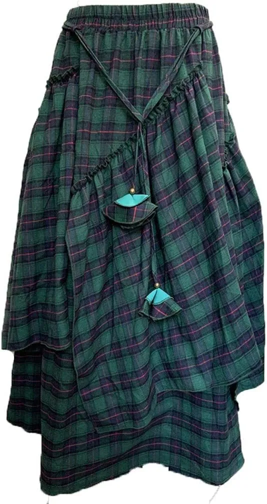 Ladies Retro A-Line Maxi Long Skirt Full Ankle Length Plaid Pleated Skirt Elastic Waist Irregular Steampunk Skirt