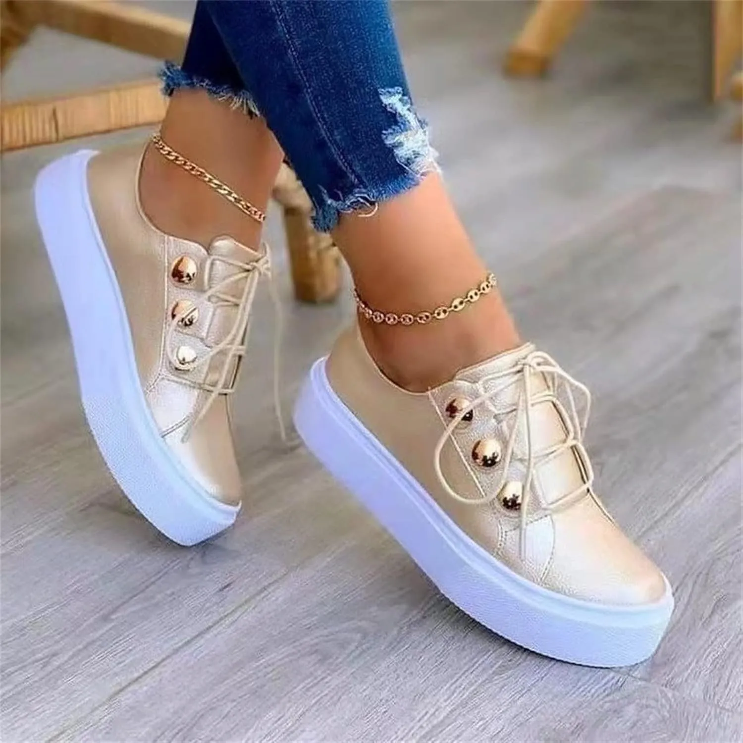 Ladmiple Sneakers For Women Slip On Wide Width Fashion Leather Walking Shoes Casual Summer Lace Up Platform Flats Loafer