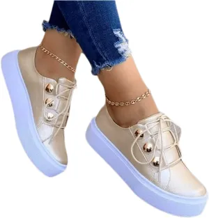 Ladmiple Sneakers For Women Slip On Wide Width Fashion Leather Walking Shoes Casual Summer Lace Up Platform Flats Loafer