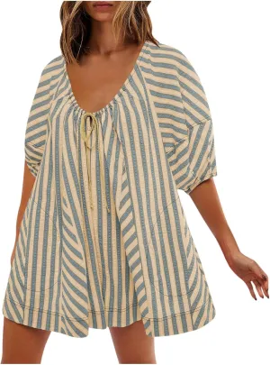 Lastesso Rompers for Women Trendy Oversized Summer Romper Dress with Pockets Loose Summer Vacation Overalls Tie Neck Outfits
