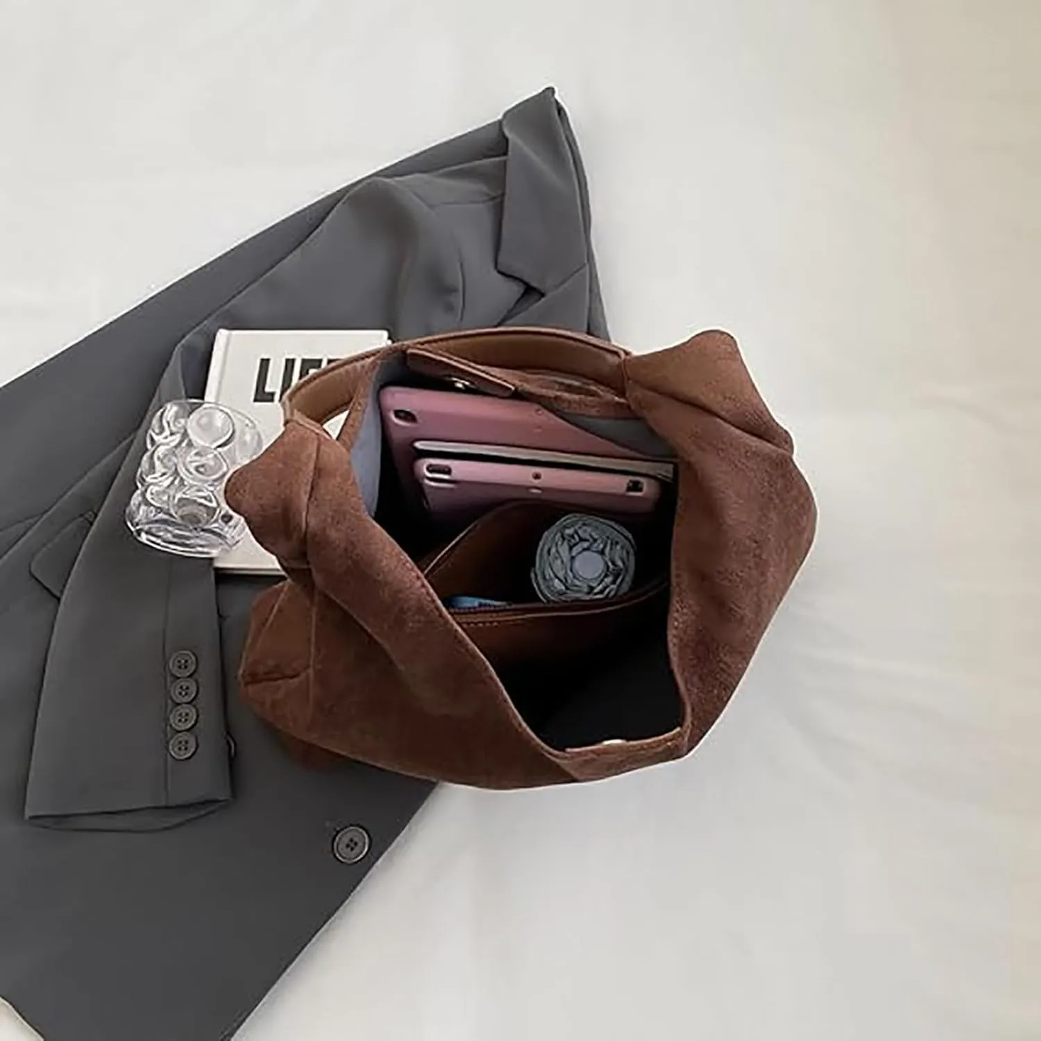Leather Hobo Bags for Women Suede Purse Slouchy Tote Bag, Brown Leather Purse Suede Hobo Shoulder Bag,Black