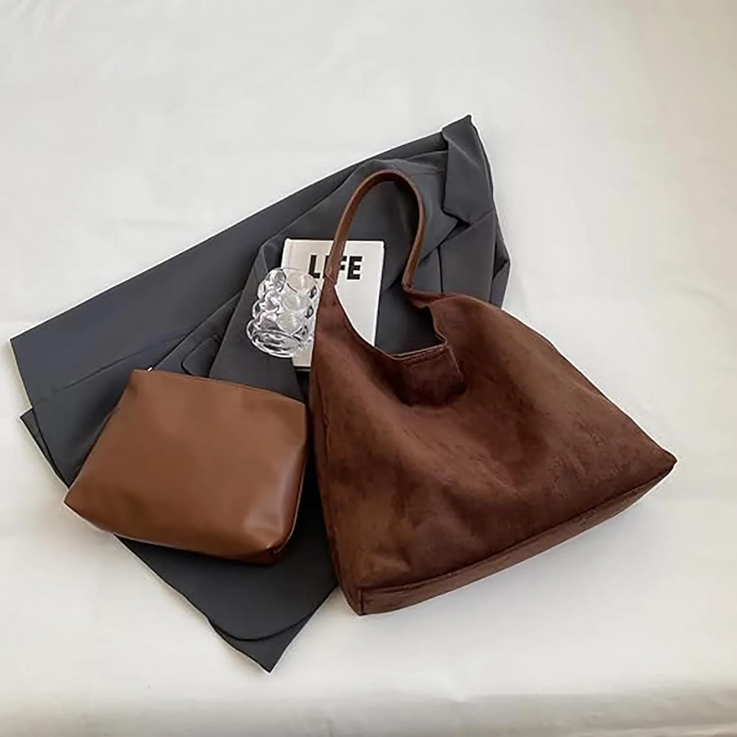 Leather Hobo Bags for Women Suede Purse Slouchy Tote Bag, Brown Leather Purse Suede Hobo Shoulder Bag,Black