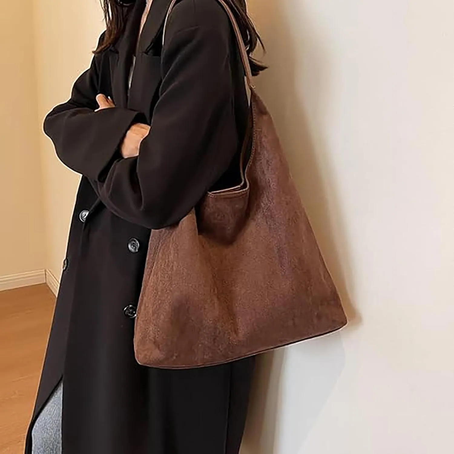 Leather Hobo Bags for Women Suede Purse Slouchy Tote Bag, Brown Leather Purse Suede Hobo Shoulder Bag,Black