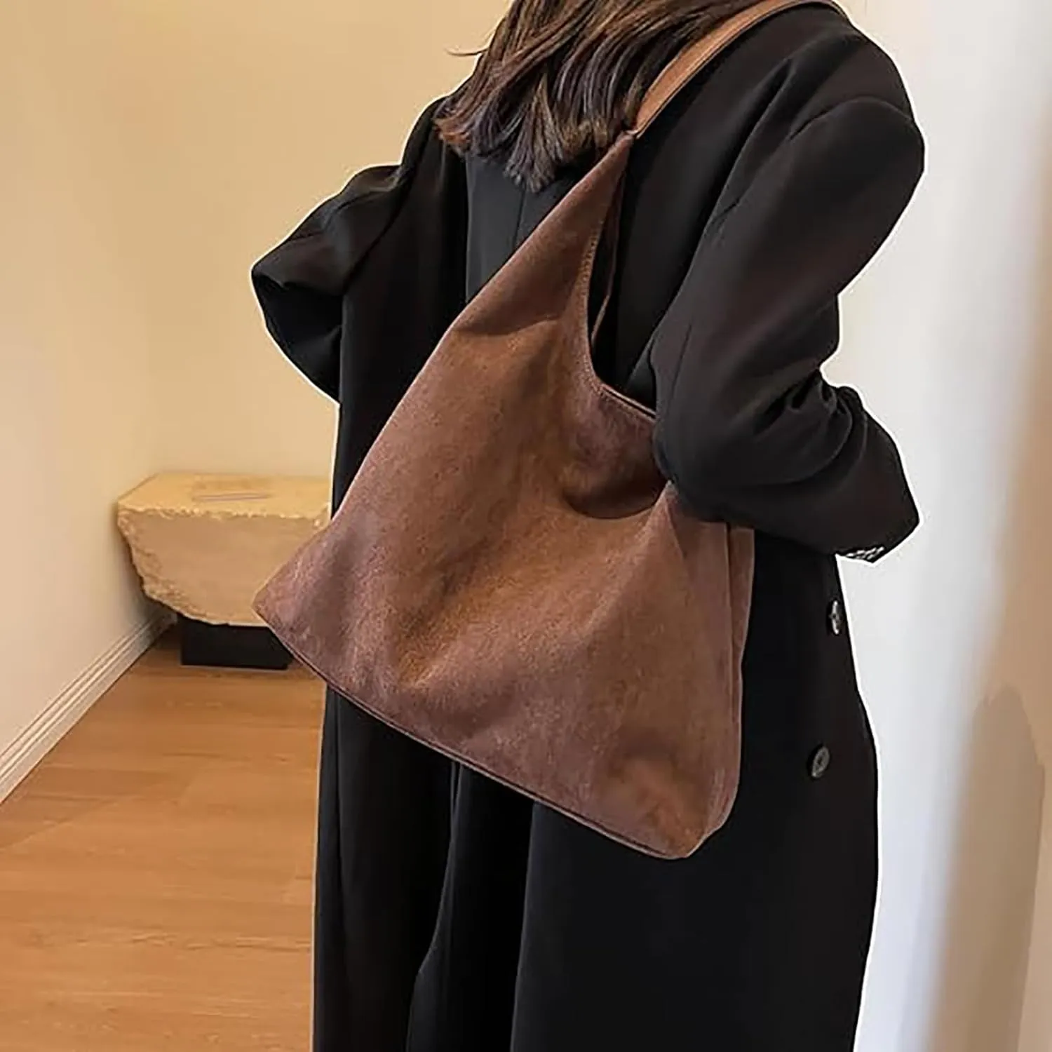 Leather Hobo Bags for Women Suede Purse Slouchy Tote Bag, Brown Leather Purse Suede Hobo Shoulder Bag,Black
