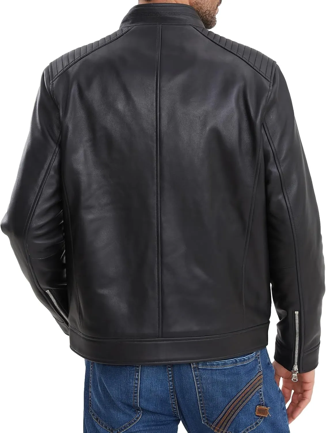 Leather Jacket Men,Lambskin Motorcycle Jacket, Black, Quilted Shoulders, Full Zip Front with Multiple Pockets